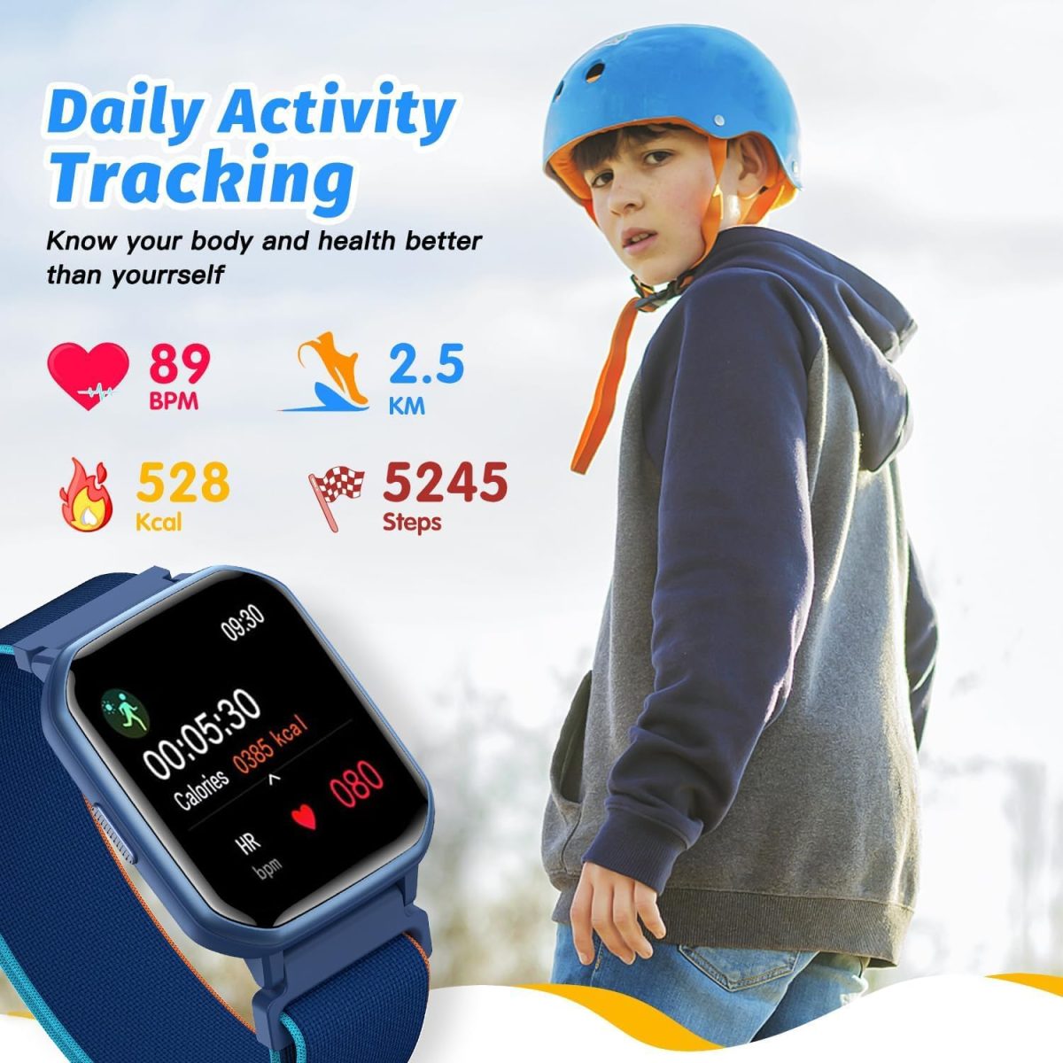 ⁦DMG Kids Smart Watch for Kids,IP68 Waterproof Kids Fitness Tracker Watch with 1.5 Inch DIY Face,Heart Rate Sleep Monitor,19 Sport Modes,Calories Counter,Alarm Clock,Great Gifts for Children 6+ (Blue)⁩ - الصورة ⁦6⁩