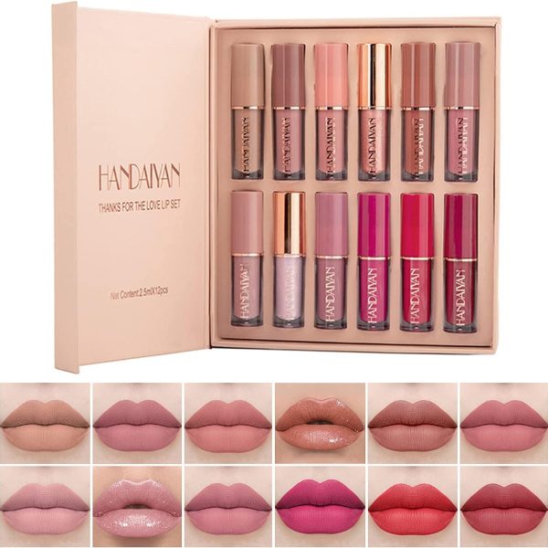 FALADANA Women's Waterproof Long Lasting Non-Stick Cup Not Fade Nude 12 Pieces Velvet Matte Liquid Lipstick Set