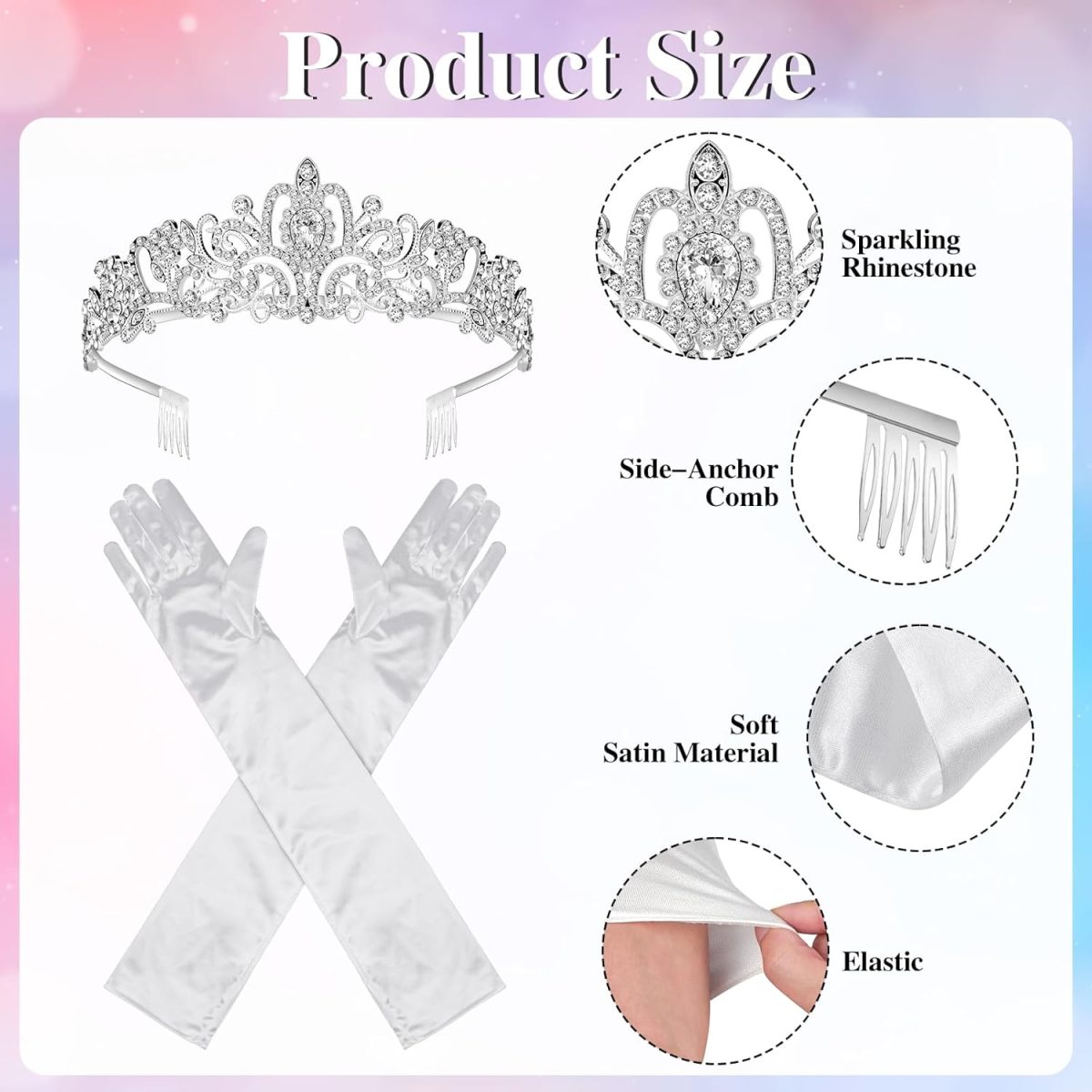 ⁦BTHRORO Princess Costume Accessory Set Women Girls Tiara Crown Crystal with Comb Sunglasses White Long Gloves Princess Diaries Costume for Carnival Wedding Prom Birthday Party⁩ - الصورة ⁦2⁩