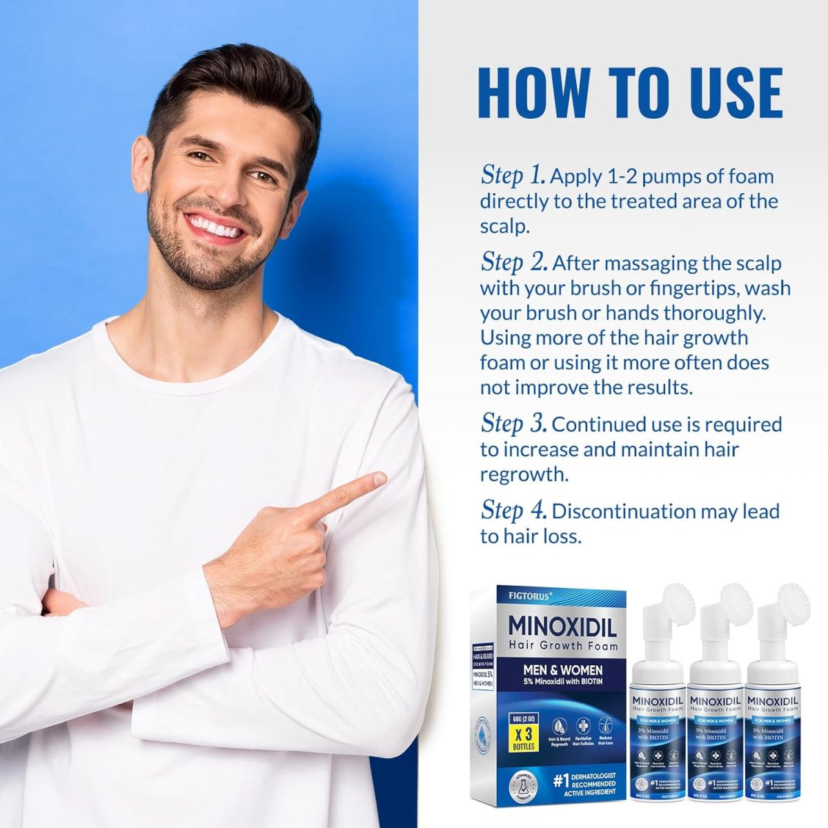 ⁦FIGTORUS 5% Minoxidil Foam, Unisex Adult, Blue, Unscented, 3 Pack, Hair and Beard Growth, 6 Gram⁩ - الصورة ⁦6⁩