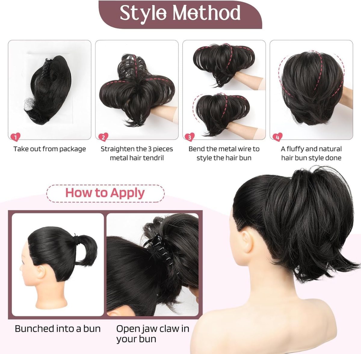 ⁦ALMEKAQUZ Messy Bun Hair Piece, 12 Inch Claw Clip Hairpiece in Straight Hair Bun, Short Ponytail Bun Extension, DIY Styles Fake Hair Bun for Women - Black⁩ - الصورة ⁦3⁩