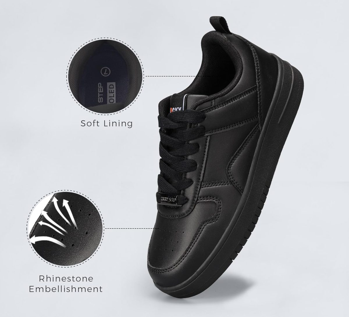 ⁦LUCKY STEP Women Fashion Sparkle Rhinestone Sneakers White Leather Low Top Tennis Shoes Lace Up Casual Comfortable Walking Shoe⁩ - الصورة ⁦2⁩