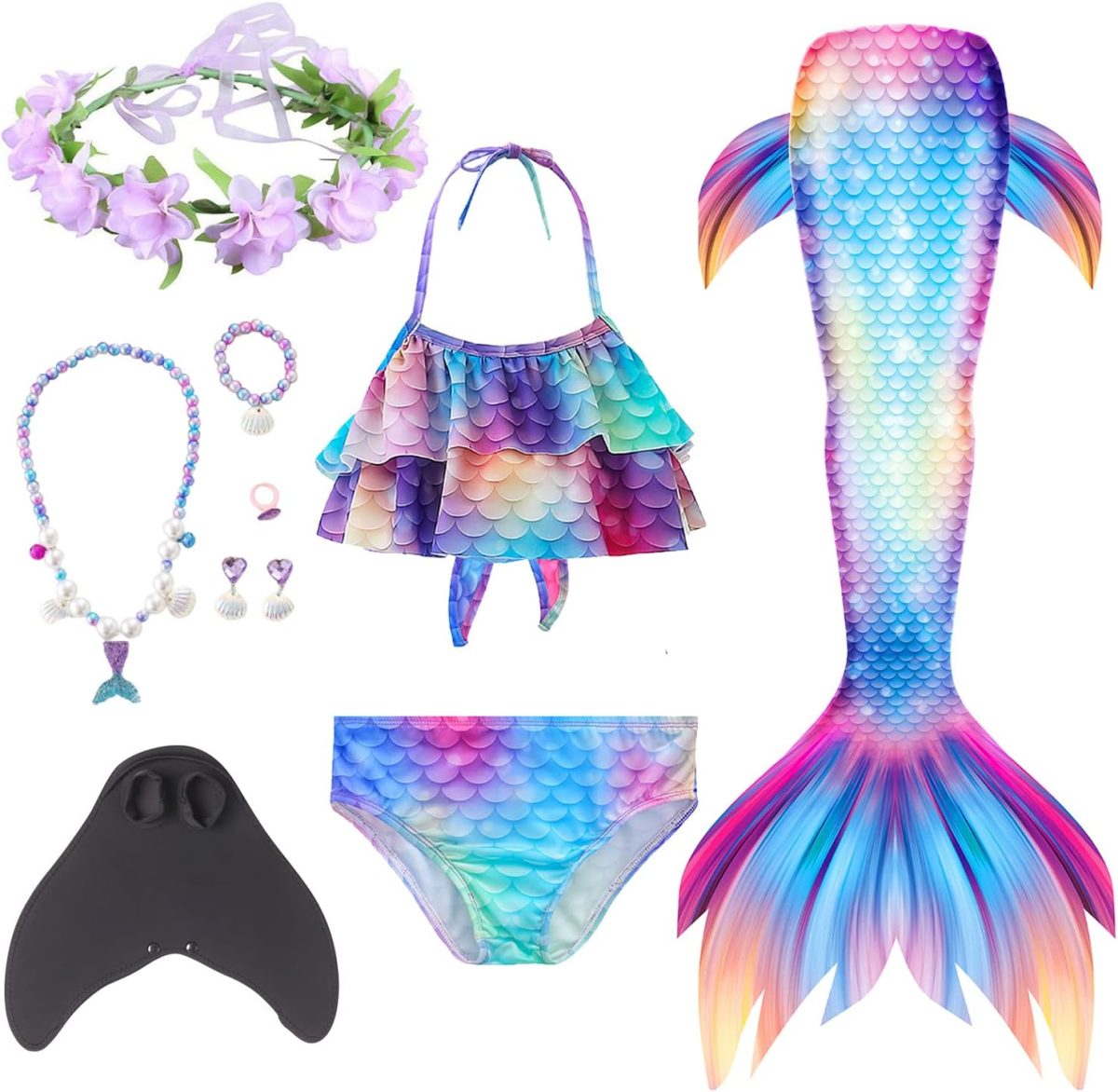TAPIT 6Pcs Mermaid for Swimming Girls Swimsuit with Monofin Costume Cosplay Princess Bikini Set 3-12Y (140, Colorful)