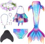 TAPIT 6Pcs Mermaid for Swimming Girls Swimsuit with Monofin Costume Cosplay Princess Bikini Set 3-12Y (140, Colorful)