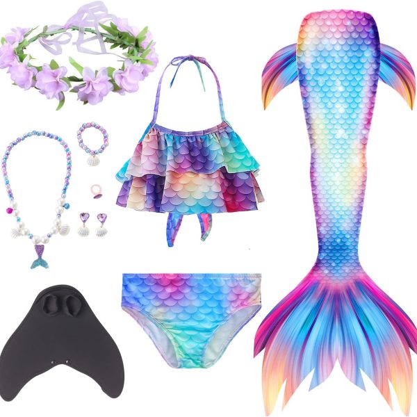 TAPIT 6Pcs Mermaid for Swimming Girls Swimsuit with Monofin Costume Cosplay Princess Bikini Set 3-12Y (140, Colorful)
