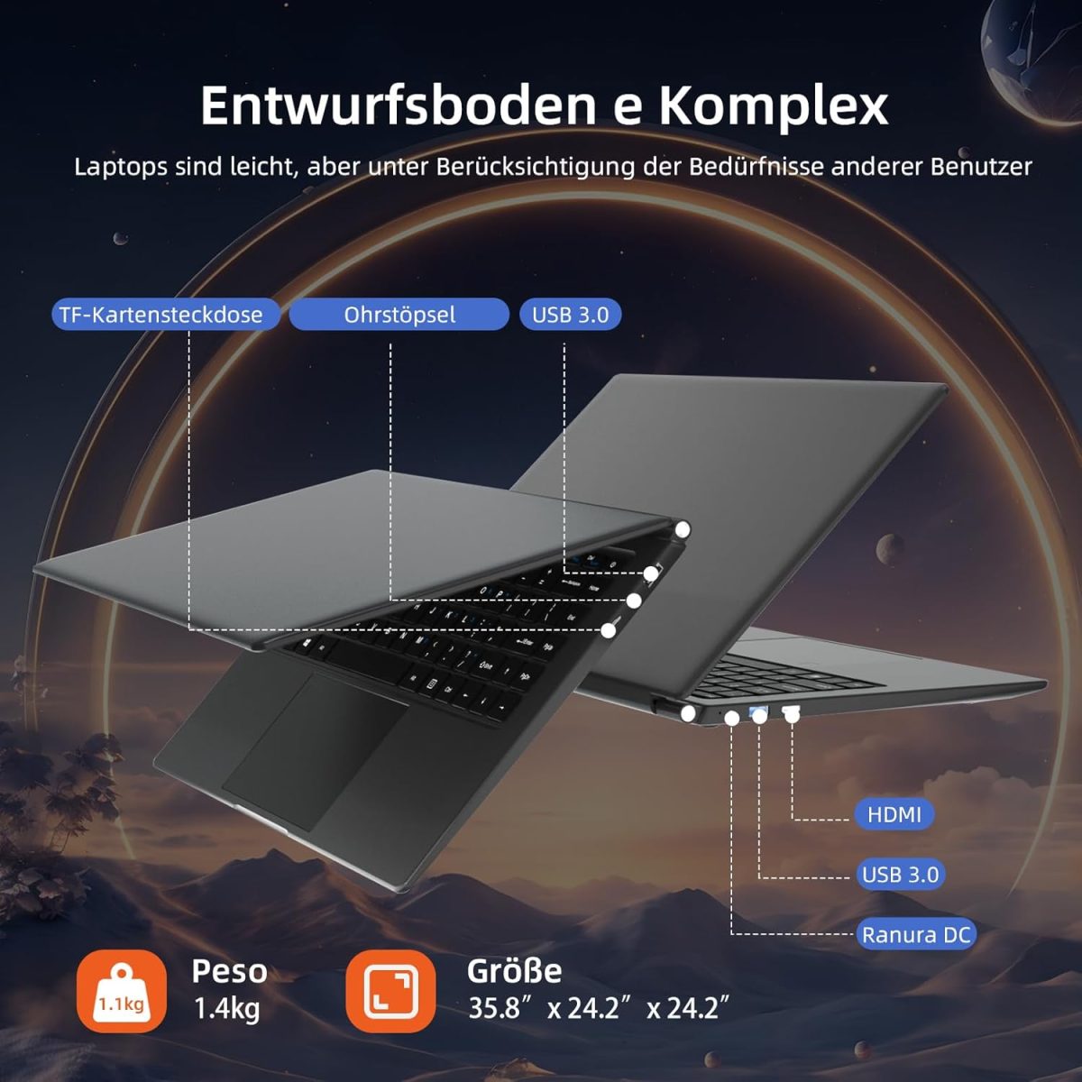 ⁦Morostron Laptop with 4GB DDR4 and 192GB SSD, 15.6 Inch Laptop with System and Quad-Core Processor, Webcam, USB 3.0, WiFi, Bluetooth 4.2, Mini HDMI, Grey⁩ - الصورة ⁦5⁩