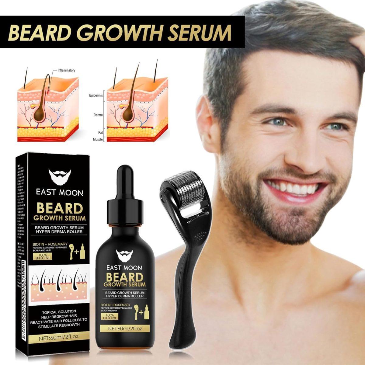 ⁦AXIYIBZI Beard Growth Oil Kit, Beard Care Serum, Roller for Hair Growth for Men, Men's Facial Hair Nutrition Nourishing Beard Care⁩ - الصورة ⁦5⁩