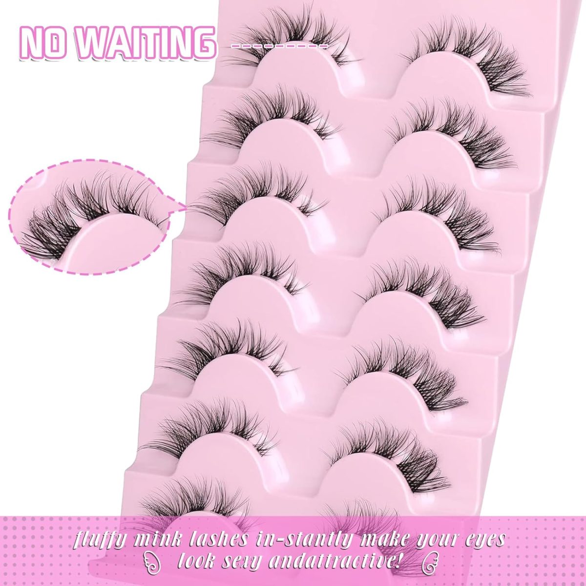 ⁦Hushlibaby 7 Pairs False Lashes Clear Band Faux Mink Lashes Fluffy Wispy Strip Eyelashes Cat Eye 15mm Natural D Curl Fake Eyelashes Pack⁩ - الصورة ⁦7⁩