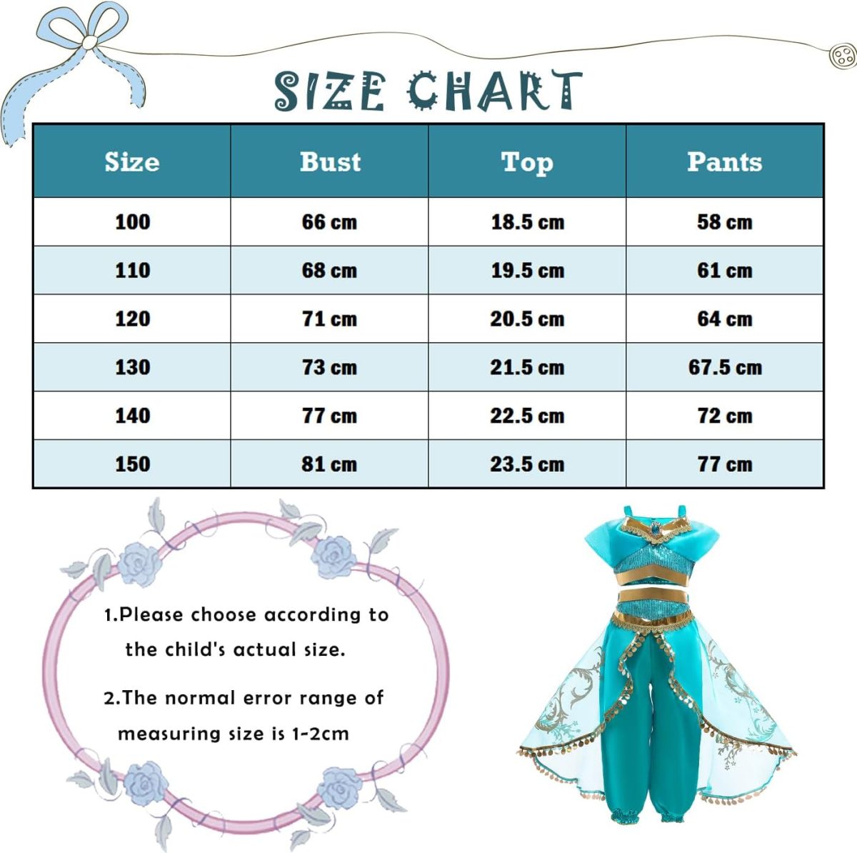 ⁦Emin Girls Jasmine Princess Dresses Aladdin Princess Costume with Wig for Children Birthday Party Cosplay Halloween Christmas Carnival Dress Up⁩ - الصورة ⁦7⁩