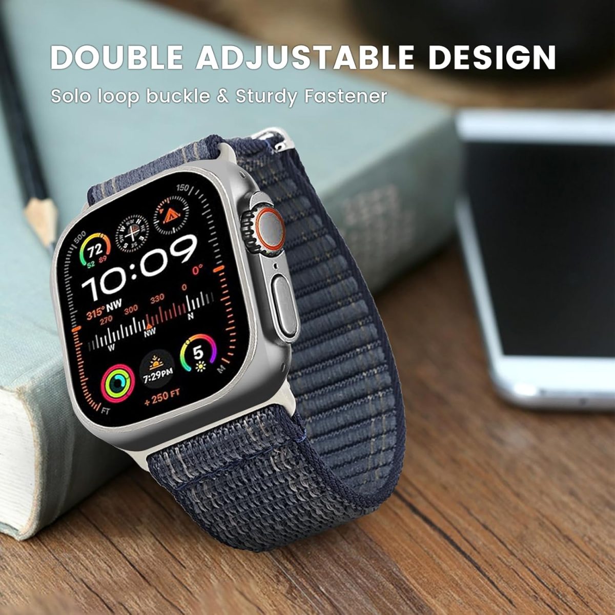 ⁦Zoye Trail Loop Nylon Band Compatible with Apple Watch Ultra 2/Ultra, Series 10-3, SE2/SE, 49mm-42mm, Men Women, Dark Blue, 49mm, Sports, Eco-Friendly, Hook And Loop⁩ - الصورة ⁦6⁩