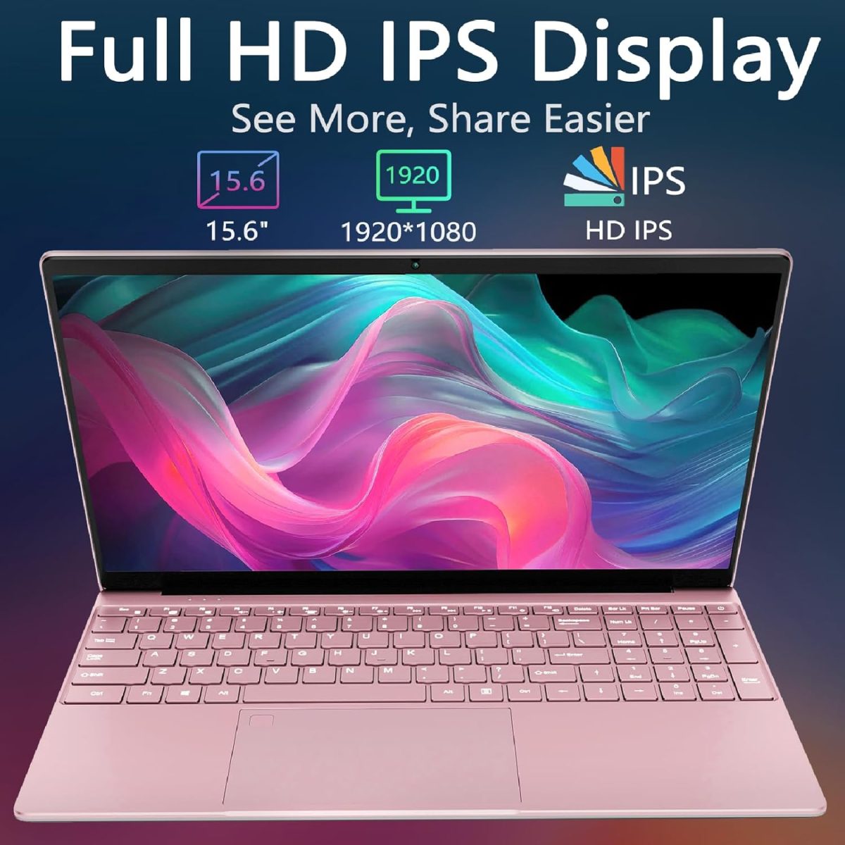 ⁦15.6" Laptop Computer, N95 Processor (4C4T, 1.7-3.4GHz) Gaming Laptop 16GB RAM 512GB PCIe SSD, FHD Display, Backlit Keyboard, Fingerprint Unlock, Students Business Laptop PC Win11 Pro OS,Rose Gold⁩ - الصورة ⁦2⁩