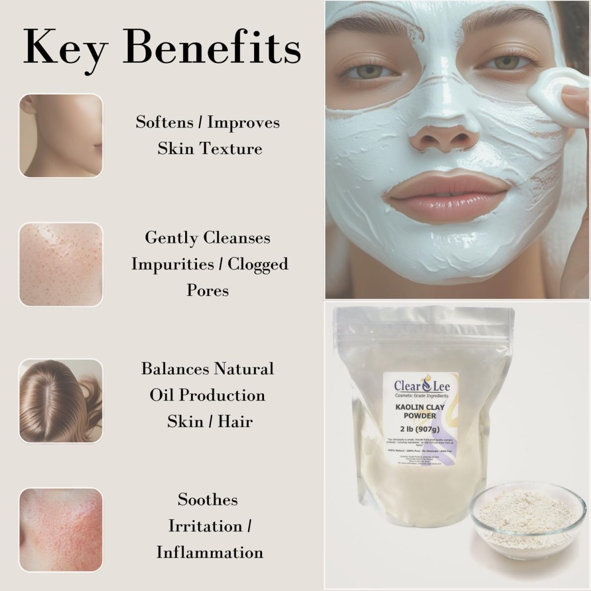 ⁦ClearLee Kaolin Clay Cosmetic Grade Powder - 100% Pure Natural Powder - Great For Skin Detox, Rejuvenation, and More - Heal Damaged Skin - DIY Clay Face Mask (8 oz)⁩ - الصورة ⁦2⁩