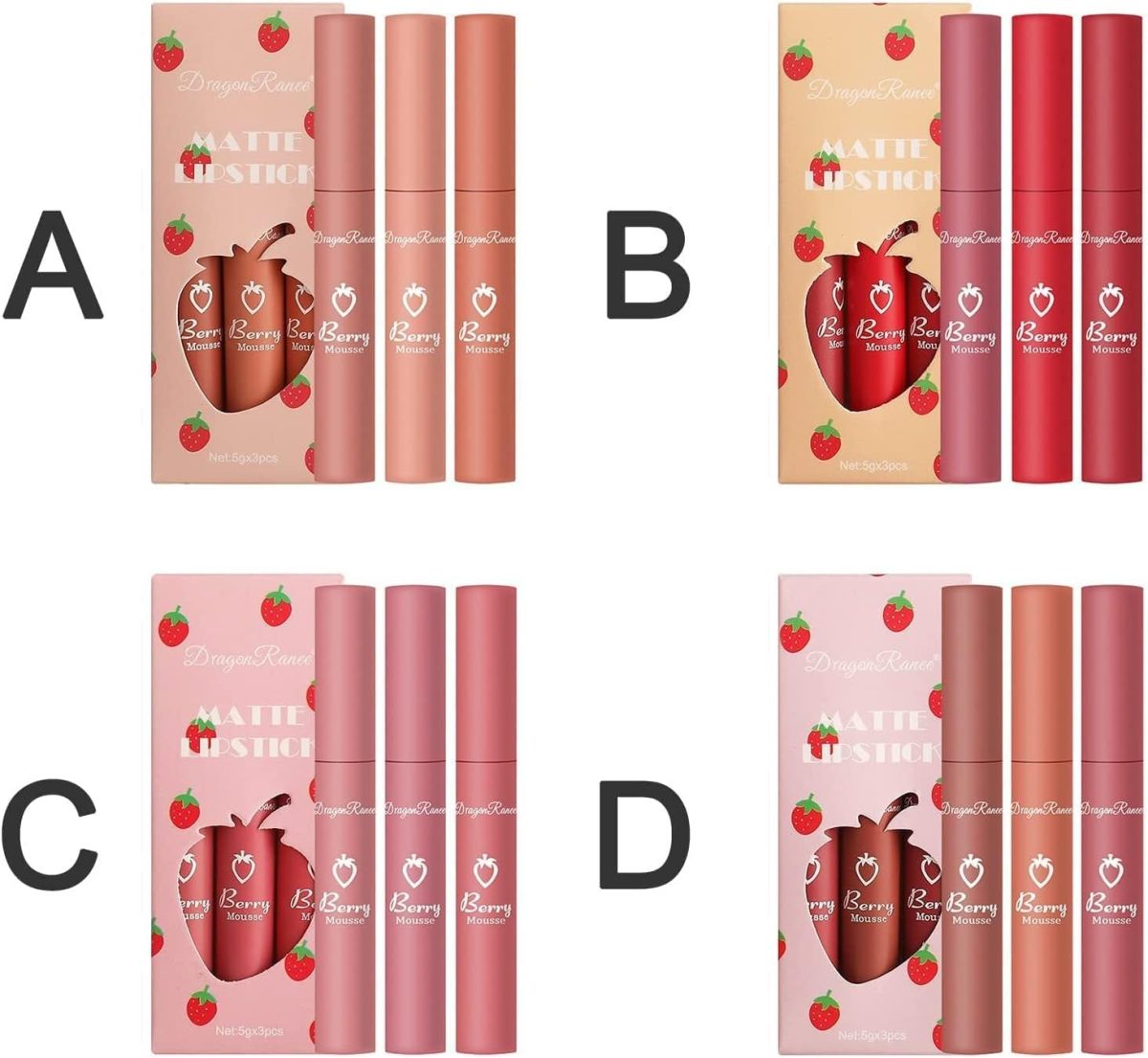 ⁦Beautishop 3Pcs Strawberry Set Matte Liquid Lipstick Makeup Set, Long Lasting Lip Gloss Non-Stick Cup is Not Easy to Fade, Waterproof Matte Lip Glaze Lipstick (A)⁩ - الصورة ⁦3⁩