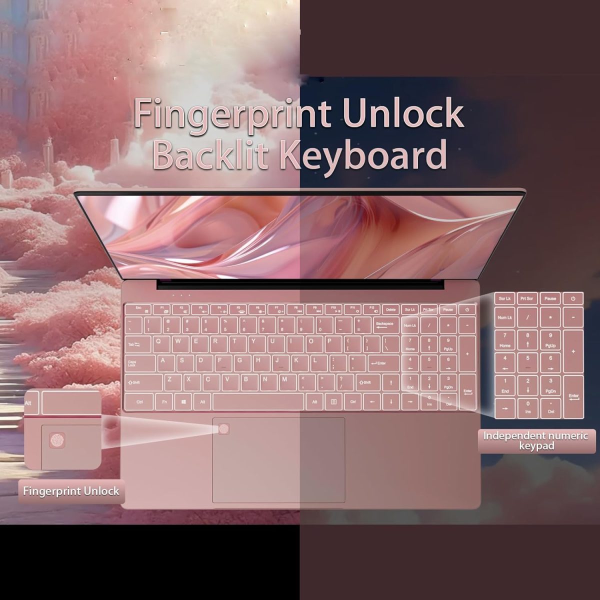 ⁦15.6" Laptop Computer, N95 Processor (4C4T, 1.7-3.4GHz) Gaming Laptop 16GB RAM 512GB PCIe SSD, FHD Display, Backlit Keyboard, Fingerprint Unlock, Students Business Laptop PC Win11 Pro OS,Rose Gold⁩ - الصورة ⁦4⁩