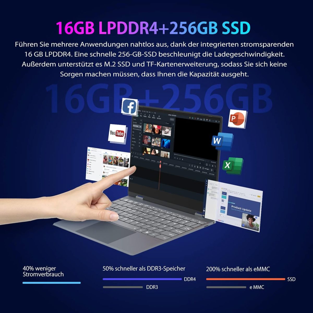 ⁦لابتوب موروسترون بشاشة لمس 13.3 انش، نوت بوك 2 في 1.16G RAM 256G SSD، سيليرون N5100 رباعي النواة، لوحة FHD IPS، واي فاي، بلوتوث 4.2، معدن بالكامل⁩ - الصورة ⁦3⁩