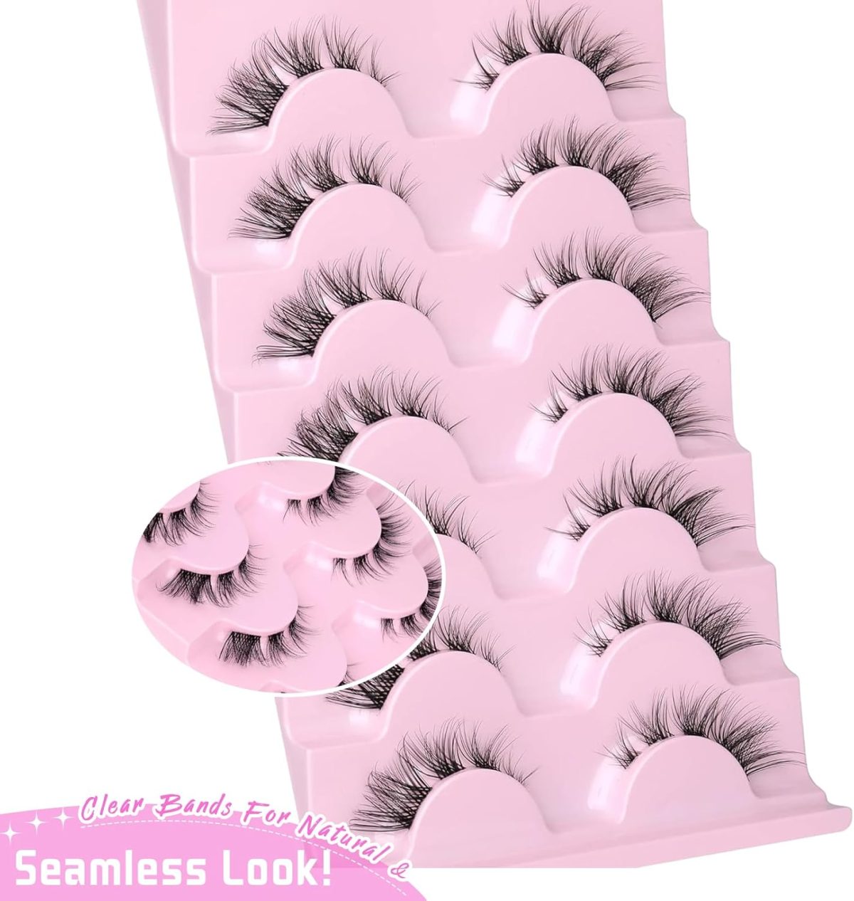 ⁦Hushlibaby 7 Pairs False Lashes Clear Band Faux Mink Lashes Fluffy Wispy Strip Eyelashes Cat Eye 15mm Natural D Curl Fake Eyelashes Pack⁩ - الصورة ⁦4⁩