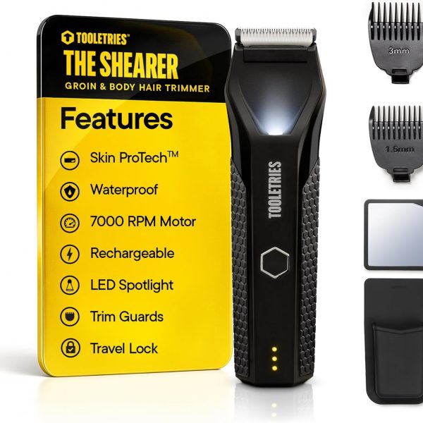 TOOLETRIES The Shearer - Groin & Body Hair Trimmer for Men, Electric Shaver for Pubic Hair, Balls, Groin, Chest, Legs, Waterproof Wet/Dry Clippers, Rechargeable, Bonus Shower Kit