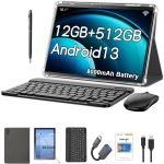 Crelander 10.1 Inch Android 13 Tablet with SIM Card Slot 4G LTE Calling,12GB+512GB, 8000mAh Battery, Dual Camera, Bluetooth/WiFi, Bundle with Case, Keyboard, Mouse & Stylus (Grey Black)