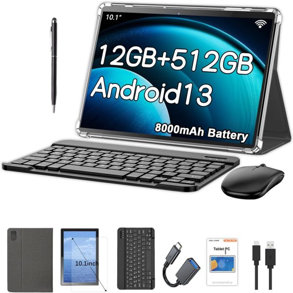 Crelander 10.1 Inch Android 13 Tablet with SIM Card Slot 4G LTE Calling,12GB+512GB, 8000mAh Battery, Dual Camera, Bluetooth/WiFi, Bundle with Case, Keyboard, Mouse & Stylus (Grey Black)