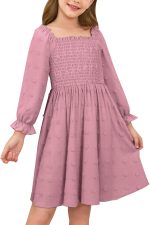 SEAUR Girls School Dress Long Sleeve Square Neck A Line Casual Dress Swiss Dot Smocked Elastic Cuffs Flowy Party Daily Wear Winter Fall 3-14 Years