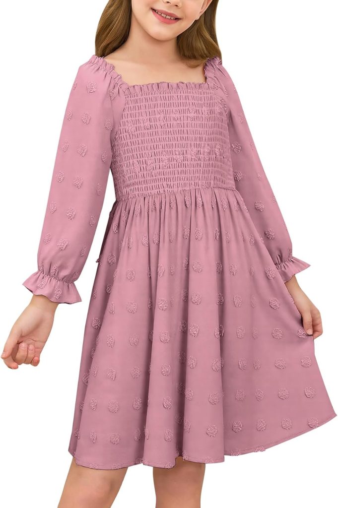 SEAUR Girls School Dress Long Sleeve Square Neck A Line Casual Dress Swiss Dot Smocked Elastic Cuffs Flowy Party Daily Wear Winter Fall 3-14 Years