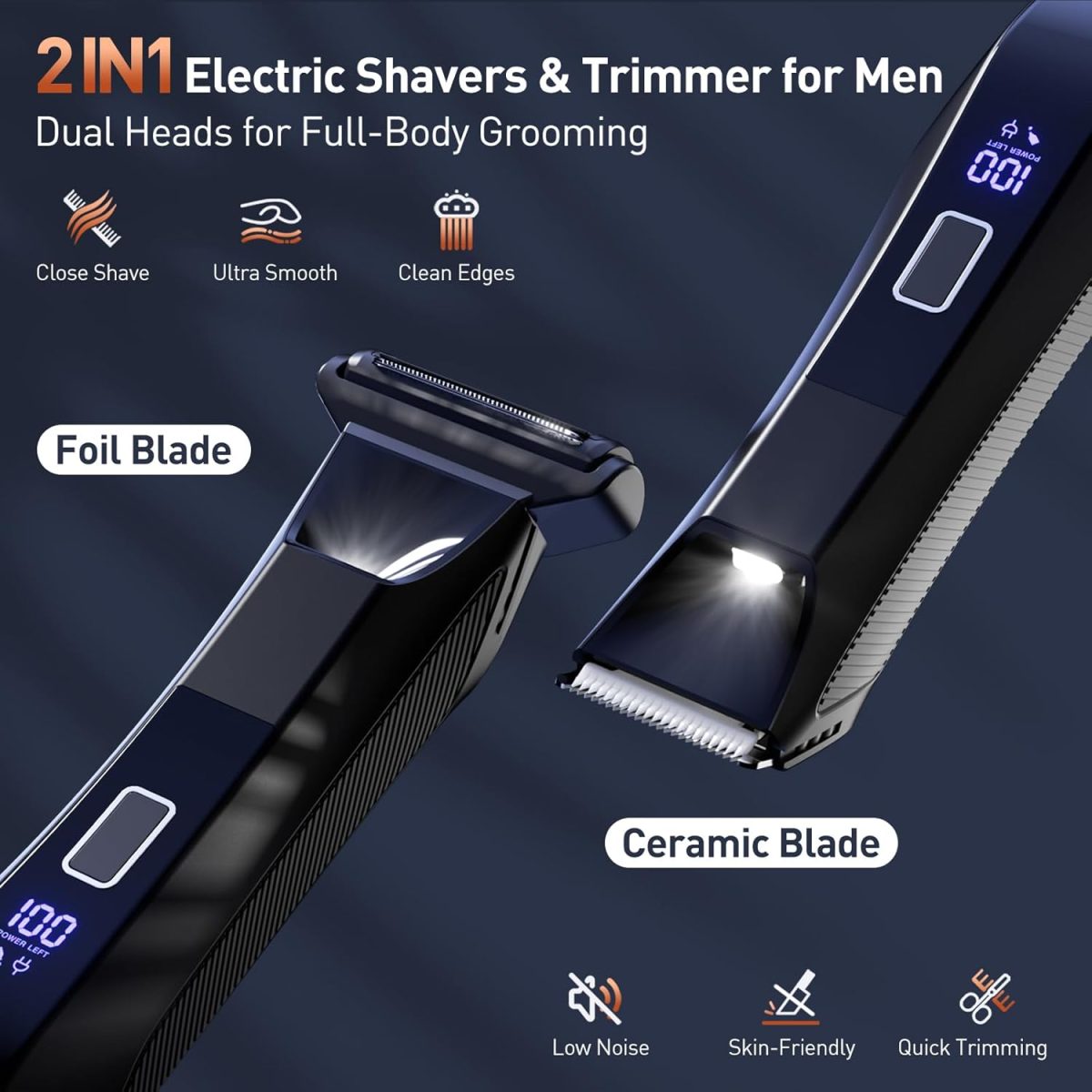 ⁦VIKICON 2-in-1 Manscape Trimmer & Shavers for Men: No-Nick Full Body Electric Razor for Pubic, Balls, Back Hair w/Dual-Head Trimmer & Foil Blades - Waterproof Groomer Kit w/Light, Travel Lock & Pouch⁩ - الصورة ⁦2⁩