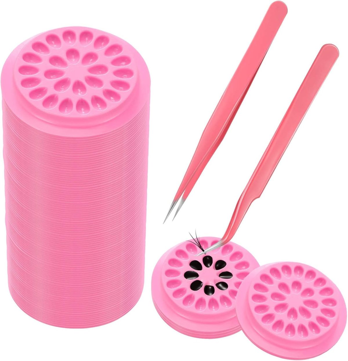 GNAFOTU 100 Pieces Eyelash Extension Pink Glue Pallet Pads with Curved Tip Tweezers for Eyelash Extension False Lash Application Tools.
