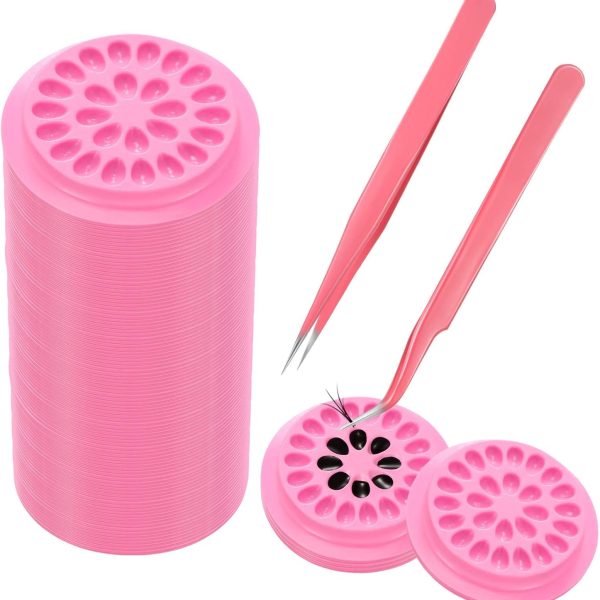 GNAFOTU 100 Pieces Eyelash Extension Pink Glue Pallet Pads with Curved Tip Tweezers for Eyelash Extension False Lash Application Tools.