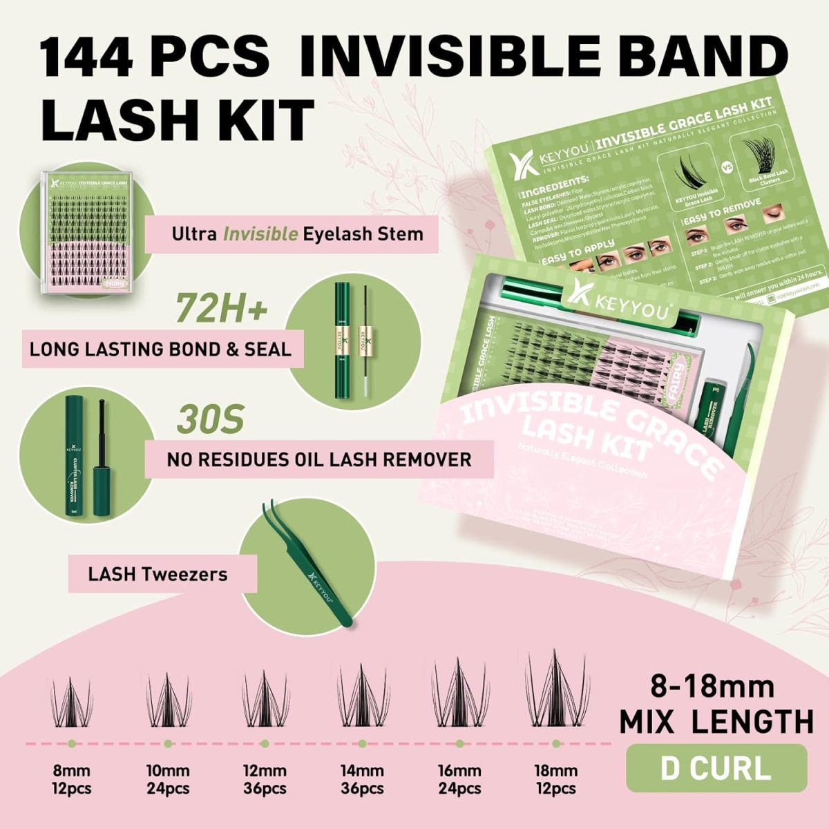 ⁦KEYYOU Fairy Lash Clusters Kit Manga Lash Extension Kit D Curl KEYYOU 144Pcs Eyelash Extension Wispy Natural Invisible Band Lash with Waterproof at Home(Fairy Kit-D-8-16MIX)⁩ - الصورة ⁦2⁩