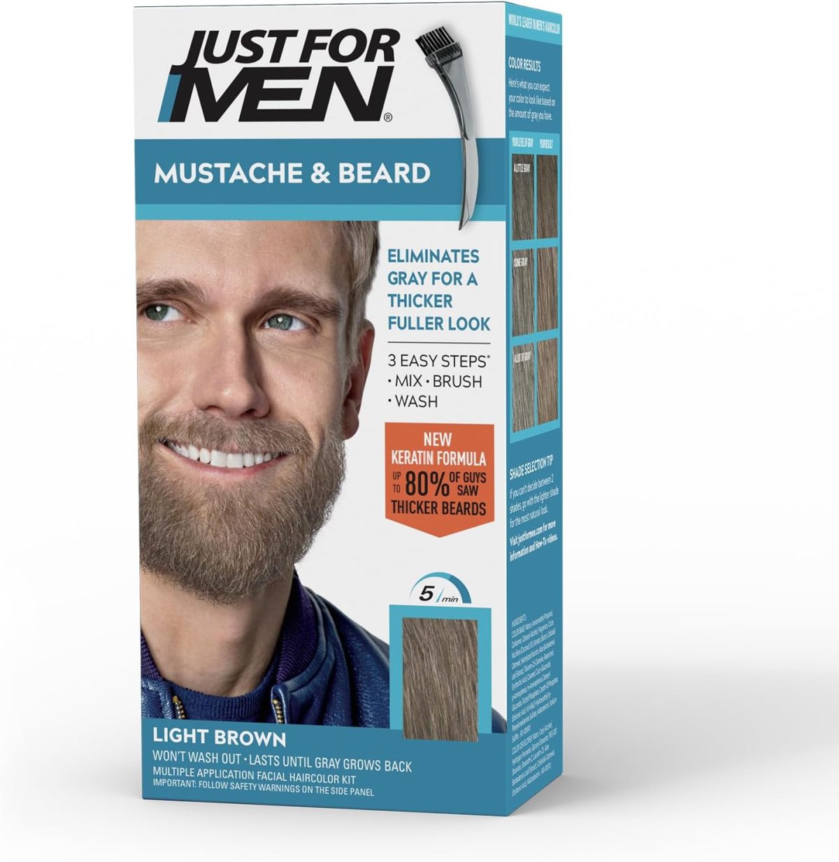 Just For Men Mustache & Beard, Beard Dye for Men with Brush Included for Easy Application, With Biotin Aloe and Coconut Oil for Healthy Facial Hair - Light Brown, M-25, Pack of 1