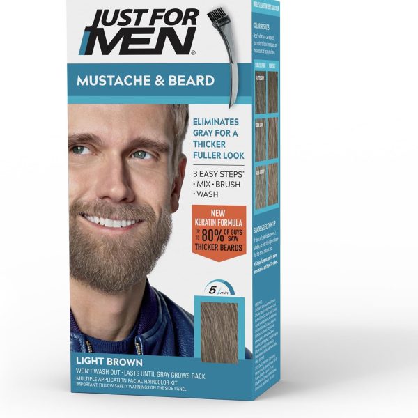 Just For Men Mustache & Beard, Beard Dye for Men with Brush Included for Easy Application, With Biotin Aloe and Coconut Oil for Healthy Facial Hair - Light Brown, M-25, Pack of 1