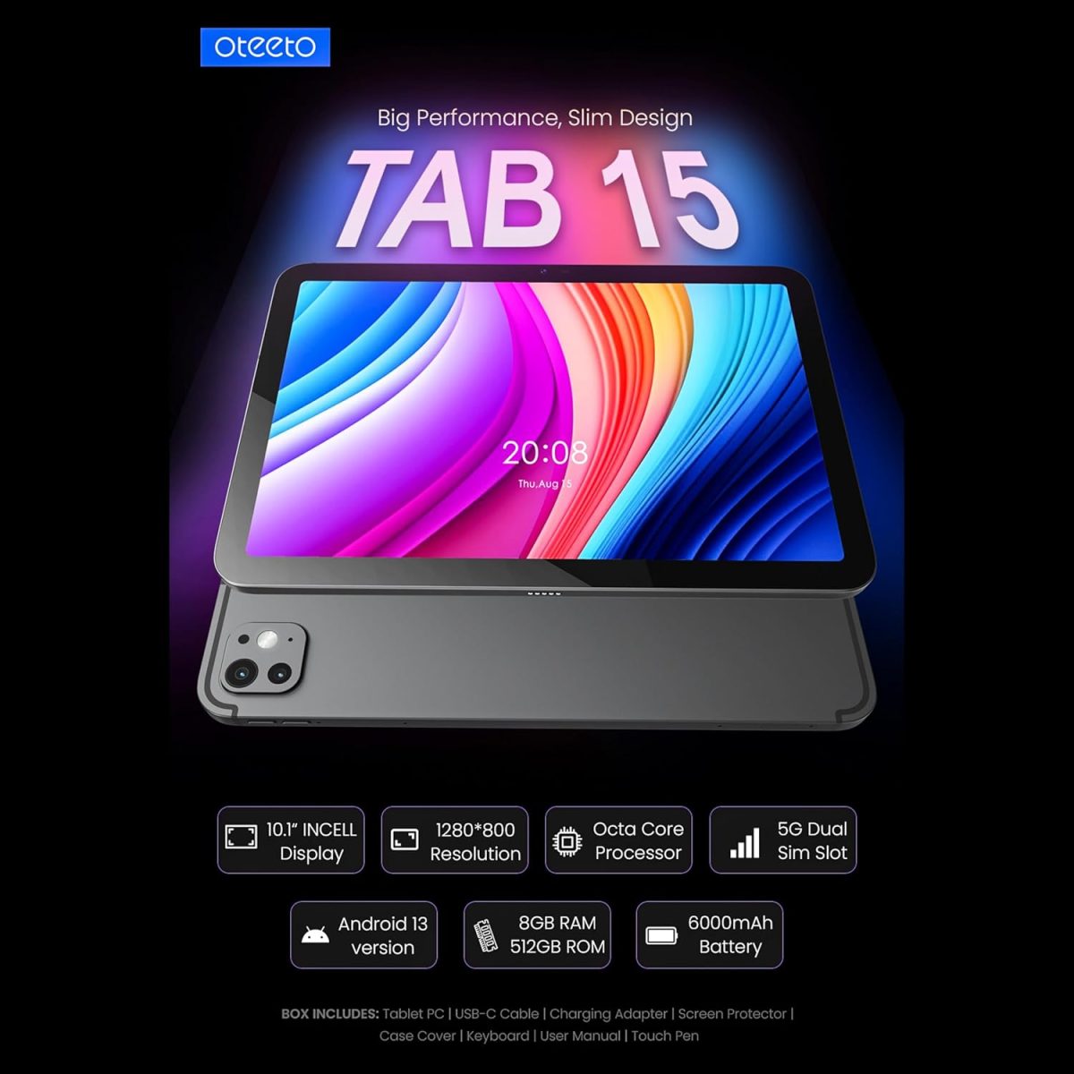 ⁦OTEETO TAB 15 Tablet/10.1 Inch/4G SIM/iOS Style Operating System/5G Dual SIM/Octa Core Processor/Included Flip Cover&Keyboard/8GB RAM + 512 GB ROM/Android 13/6000 mAh/8MP Front+13 MP Rear (Blue)⁩ - الصورة ⁦3⁩