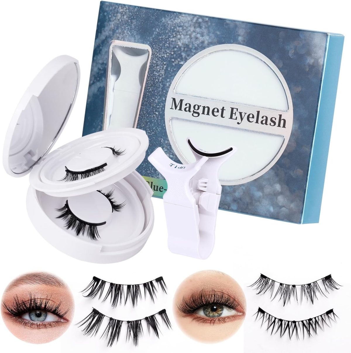 Hepiide 2 Pairs Magnetic Eyelashes Kit: with Magnetic Lash Applicator - Natural Wispy Manga Lashes - Reusable Magnet Lashes No Glue - False Eyelashes Band with Magnet (Pretty)