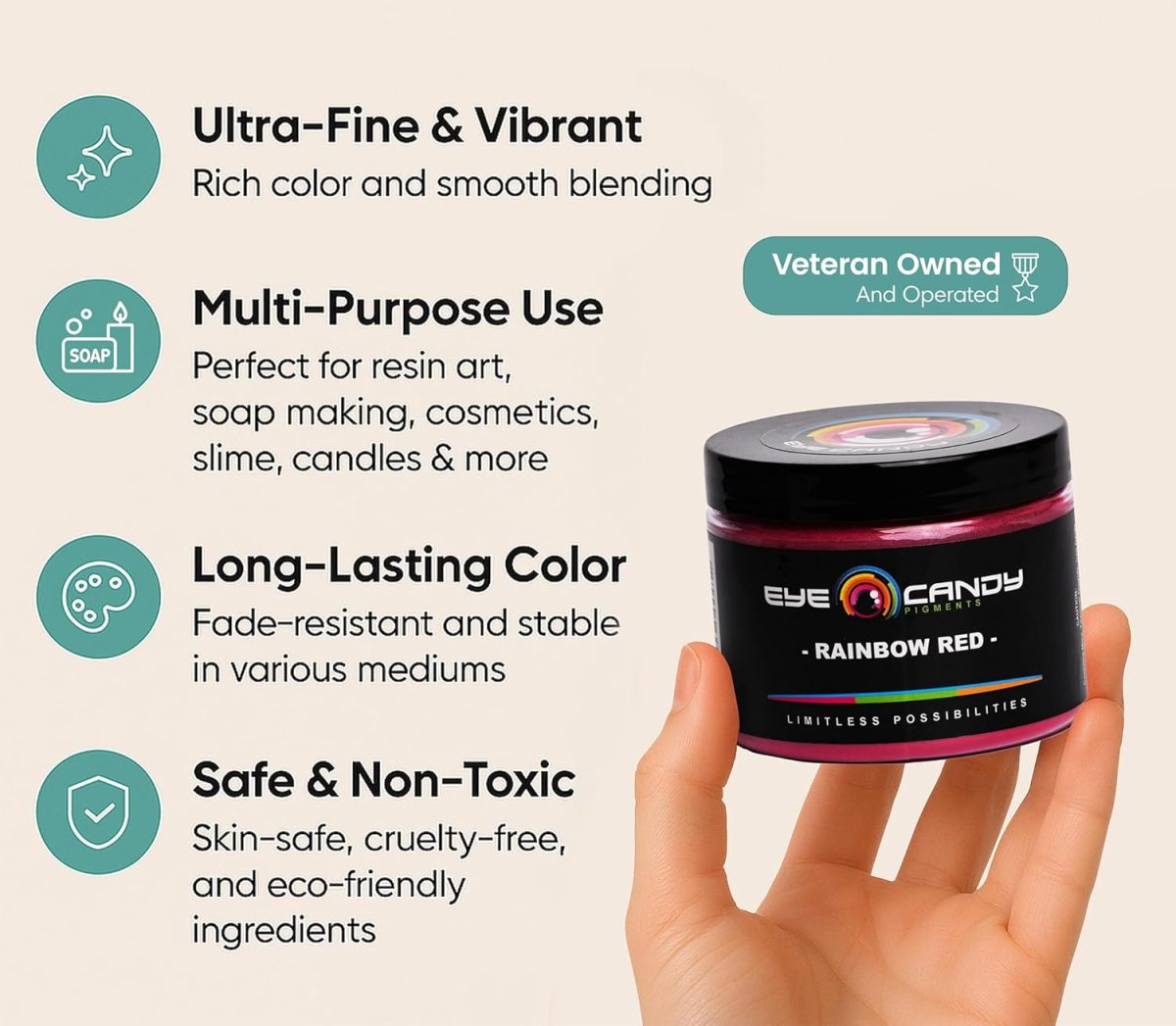 ⁦Eye Candy Mica Powder Pigment “Rainbow Red” (50g) Multipurpose DIY Arts and Crafts Additive | Natural Bath Bombs, Resin, Paint, Epoxy, Soap, Nail Polish, Lip Balm (Rainbow Red, 50G)⁩ - الصورة ⁦3⁩