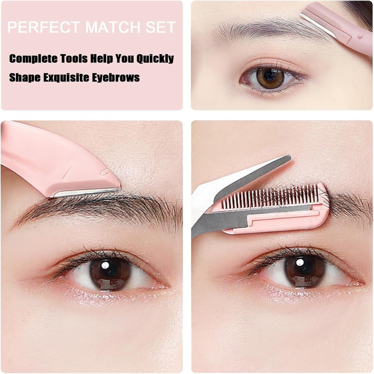 ⁦Bukela 3 Pcs Eyebrow Trimmer Set Lamination Kit with Comb Scissors Curved Straight Razors All in One Beauty Tools for Men Women Pink⁩ - الصورة ⁦2⁩