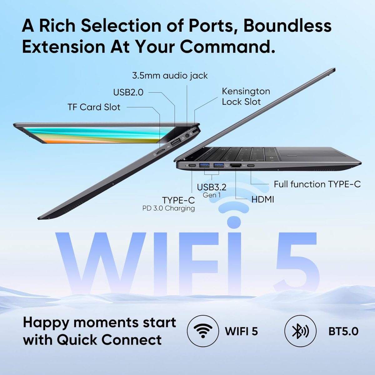 ⁦FURESTUR Laptop, 12GB LPDDR5 RAM 1TB SSD, Quad-Core N95 Processor Up to 3.4GHz, 15.6" FHD IPS Display, Office Pro Plus 2024, WiFi 5, Laptop Computer with Fingerprint for Students and Business, Gray⁩ - الصورة ⁦4⁩