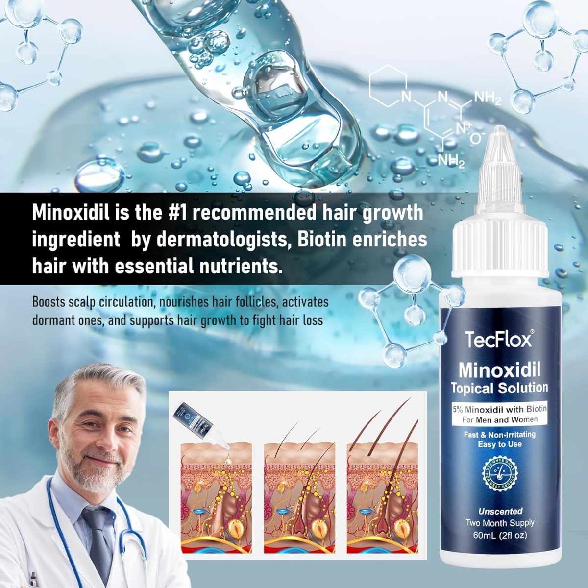 ⁦5% Minoxidil for Men & Women Hair with Biotin, Minoxidil for Men Beard,Tecflox Minoxidil Beard Growth Oil, Minoxidil Hair Growth Serum, 2-Pack, Total 4fl oz for 4 Months, Hair Growth Oil Unisex⁩ - الصورة ⁦3⁩