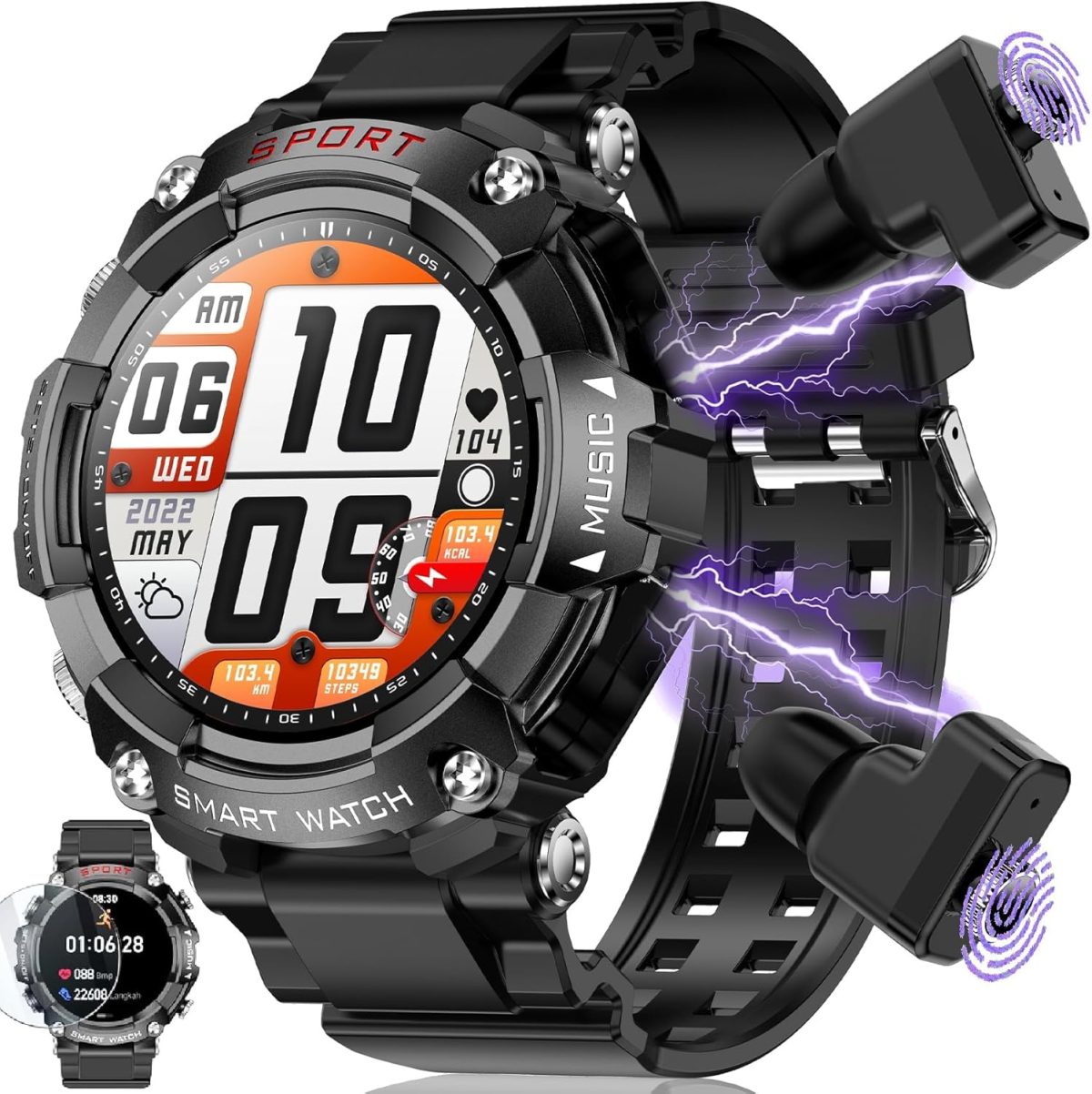 KASTWAVE Smart Watch with Earbuds, 1.52-inch AMDLED Touch Screen, 8763EW Chip, Smartwatch for Answer/Make Call, Bluetooth Message Notification, Sleep Monitor Sports Smart Watch