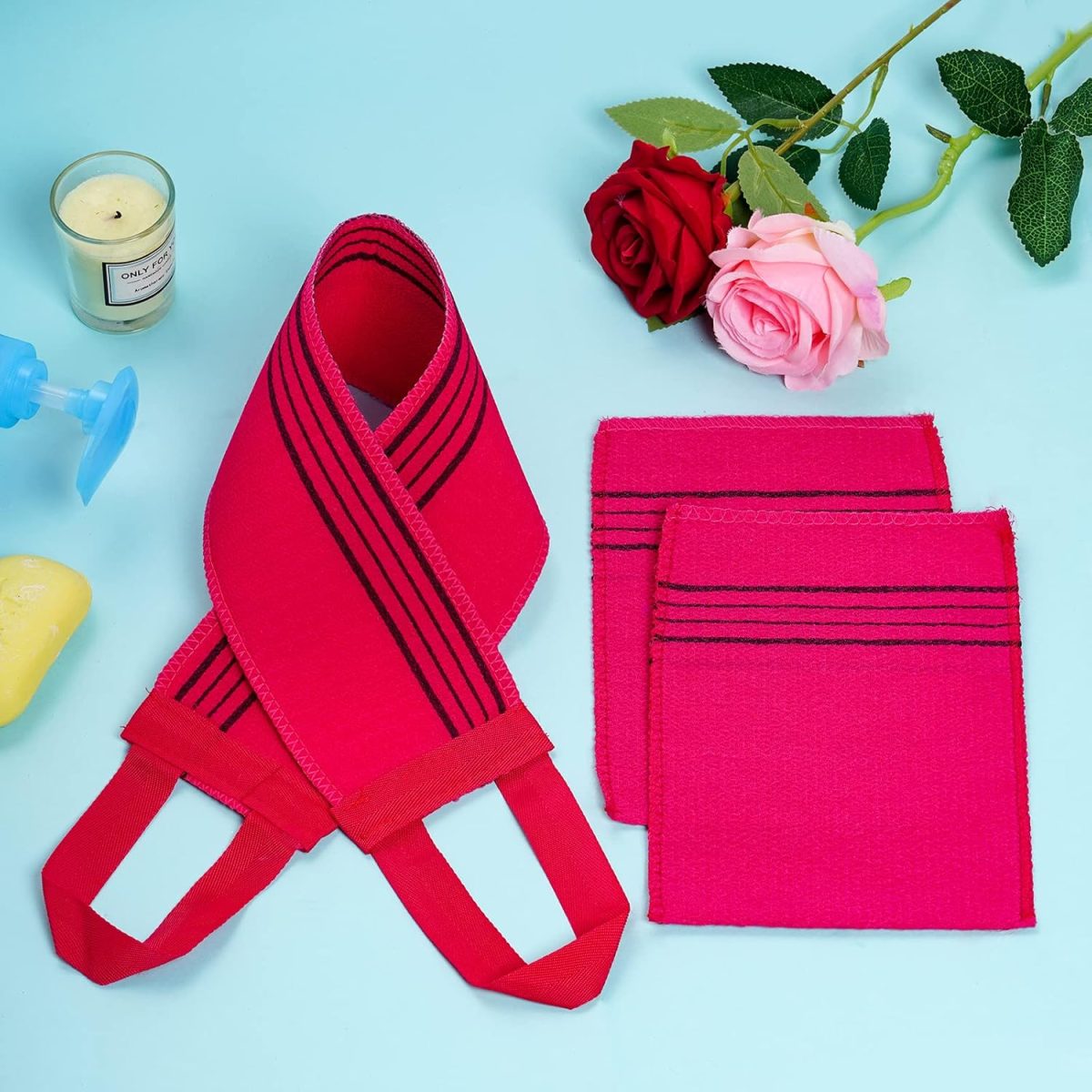 ⁦Obmwang 6 Pieces Korean Exfoliating Mitts and Washcloth Set - Asian Bath Towels and Long Back Scrubber for Women and Men Shower Washing⁩ - الصورة ⁦5⁩