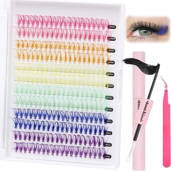 Colored Lash Clusters 6 Mix Colors DIY Lash Extension Kit 14mm 16mm Individual Lashes Cluster Kit with Lash Bond and Seal Glue, with Lash Bond and Seal and Lash Tweezers (Colored Lash Clusters Kit)