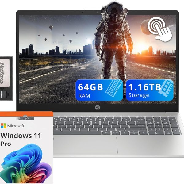 HP Pavilion 15.6" Touchscreen Laptop, Intel i3-1215U, 64GB RAM, 1.16TB Storage(1TB SSD + 160GB Docking Station Set), Intel UHD Graphics, Num Pad, Webcam, WiFi, Win 11 Pro, Silver