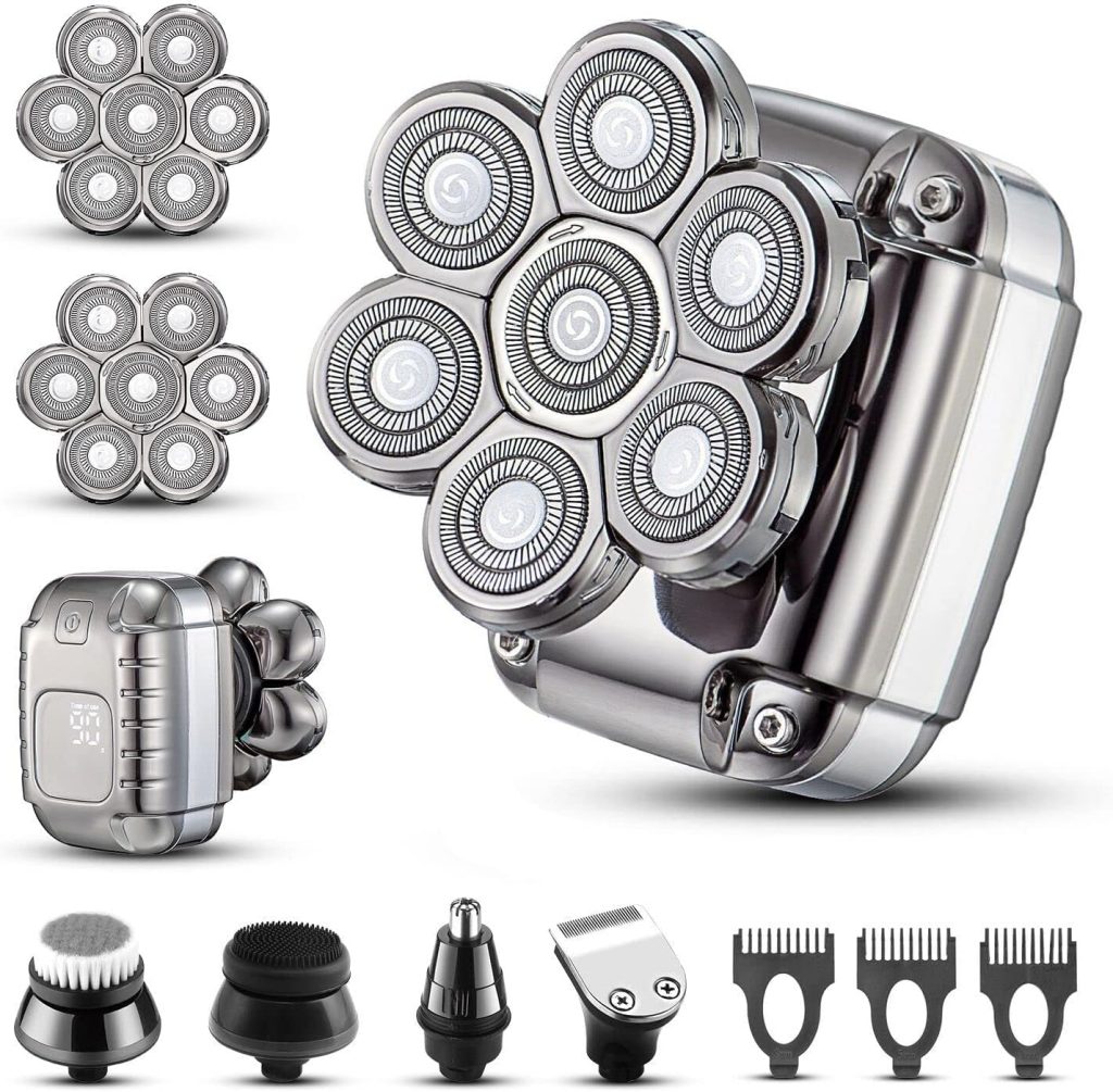 TERRIFI Bald Head Shavers for Men Waterproof Electric Rechargeable Balding Head Shaver Professional Anti-Pinch Shave Bald Head Wet&Dry Rotary Close Razor with Replaceable Grooming Shaving Heads