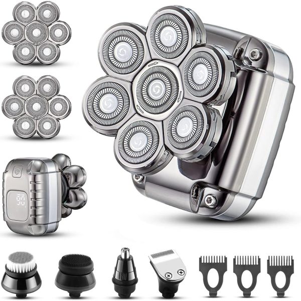 TERRIFI Bald Head Shavers for Men Waterproof Electric Rechargeable Balding Head Shaver Professional Anti-Pinch Shave Bald Head Wet&Dry Rotary Close Razor with Replaceable Grooming Shaving Heads