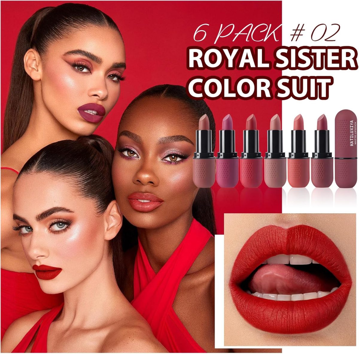 ⁦Katiluxiya 6Pcs Red Velvet Matte Lipstick Set, High Pigmented Long-Lasting Waterproof Lip Stick Lip,Moisturizing balms, Sheer tint, Shine & Glowy Finish,Stain Makeup Gift Sets. (02, color)⁩ - الصورة ⁦2⁩