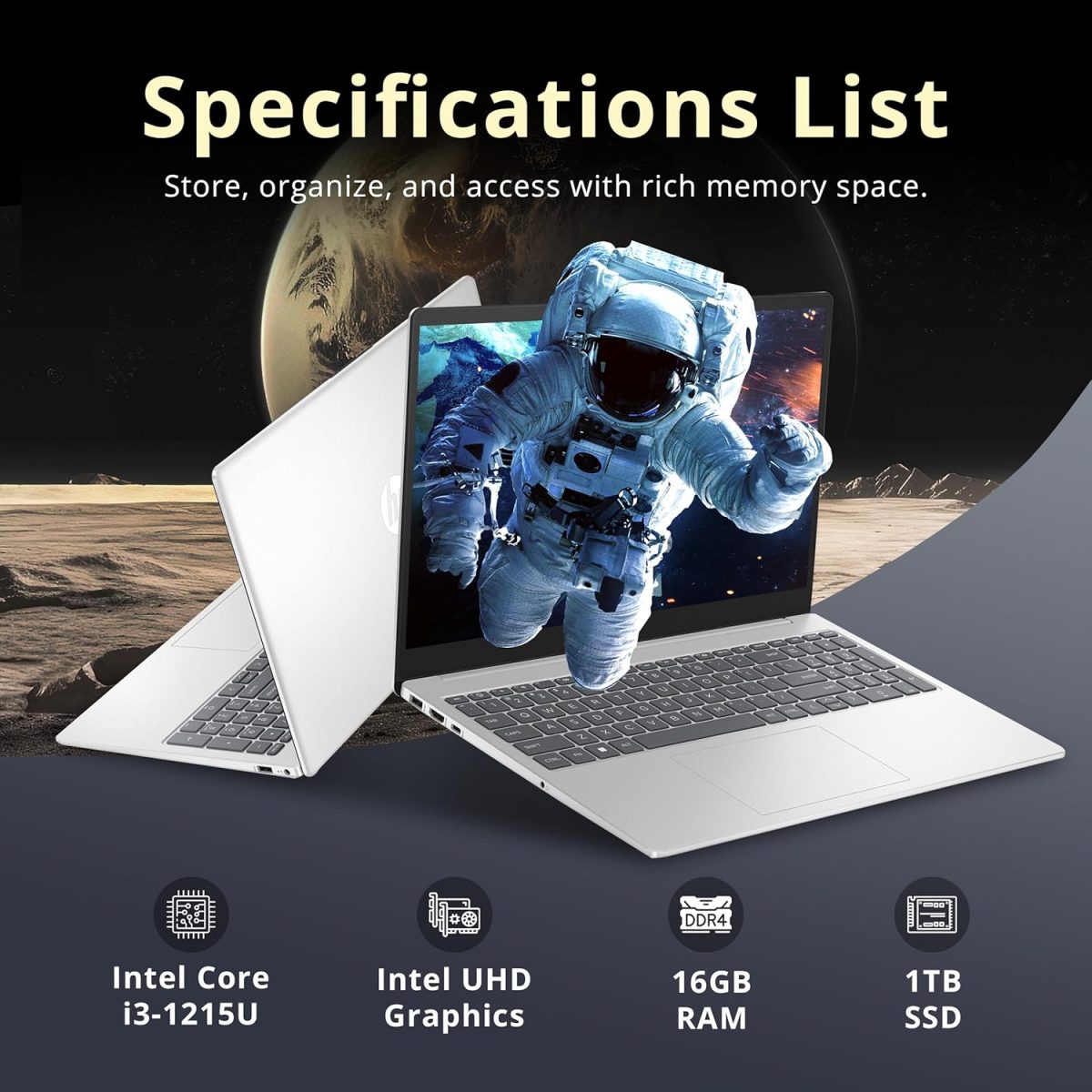 ⁦HP 15.6" HD Touchscreen Laptop, Intel i3-1215U, 16GB RAM, 1TGB PCIe SSD, Number Pad, HD Webcam, Fast Charge, Intel UHD Graphics, Win 11, Silver, 128GB Hotface USB Card⁩ - الصورة ⁦2⁩