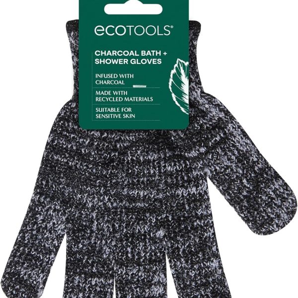 EcoTools Charcoal Infused Bath & Shower Gloves, Cleansing For Whole Body, Self-Tan Prep & Removal, Exfoliating, Detoxifying & Purifying, Recycled Netting, Eco-Friendly, Vegan, 1 Pair, 2 Gloves Total