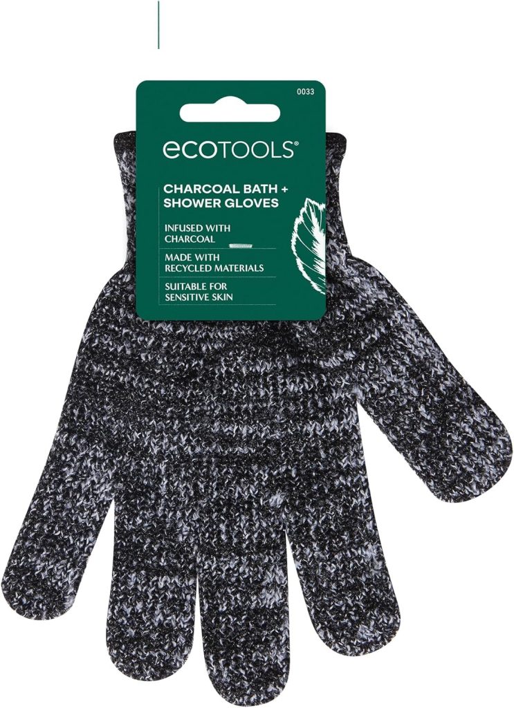 EcoTools Charcoal Infused Bath & Shower Gloves, Cleansing For Whole Body, Self-Tan Prep & Removal, Exfoliating, Detoxifying & Purifying, Recycled Netting, Eco-Friendly, Vegan, 1 Pair, 2 Gloves Total