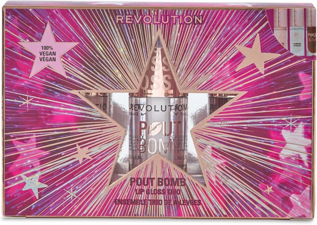 Revolution Pout Bomb Plumping Lip Gloss Trio Gift Set, 3 Full-Size Lip Gloses with Hyaluronic Acid & Peptides, Vegan and Cruelty Free