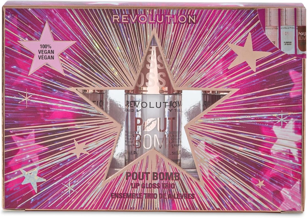 Revolution Pout Bomb Plumping Lip Gloss Trio Gift Set, 3 Full-Size Lip Gloses with Hyaluronic Acid & Peptides, Vegan and Cruelty Free