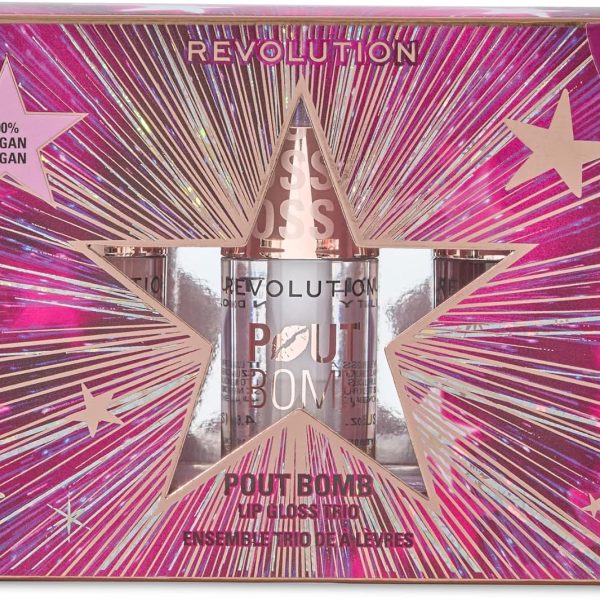 Revolution Pout Bomb Plumping Lip Gloss Trio Gift Set, 3 Full-Size Lip Gloses with Hyaluronic Acid & Peptides, Vegan and Cruelty Free